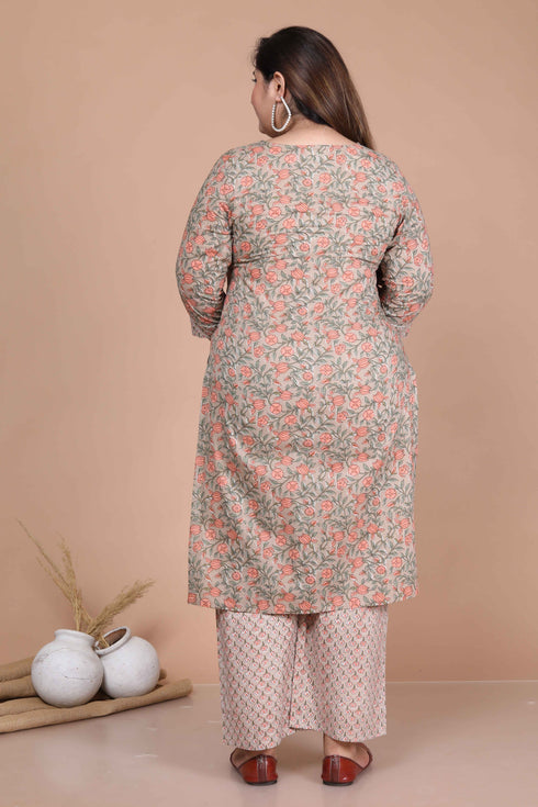 Miravan Womens Plus Size Brown Floral Printed Gotta Patti Pure Cotton Kurta With Palazzo And Dupatta Set