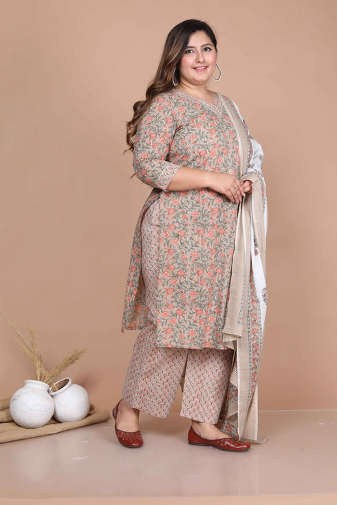 Miravan Womens Plus Size Brown Floral Printed Gotta Patti Pure Cotton Kurta With Palazzo And Dupatta Set
