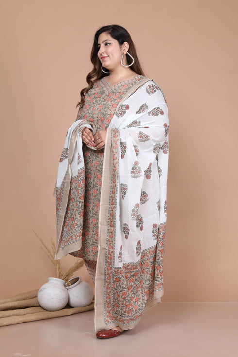 Miravan Womens Plus Size Brown Floral Printed Gotta Patti Pure Cotton Kurta With Palazzo And Dupatta Set