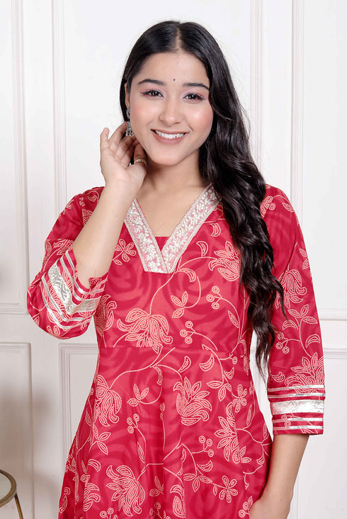 Miravan Womens red Embroidered Anarkali Kurta and Dupatta