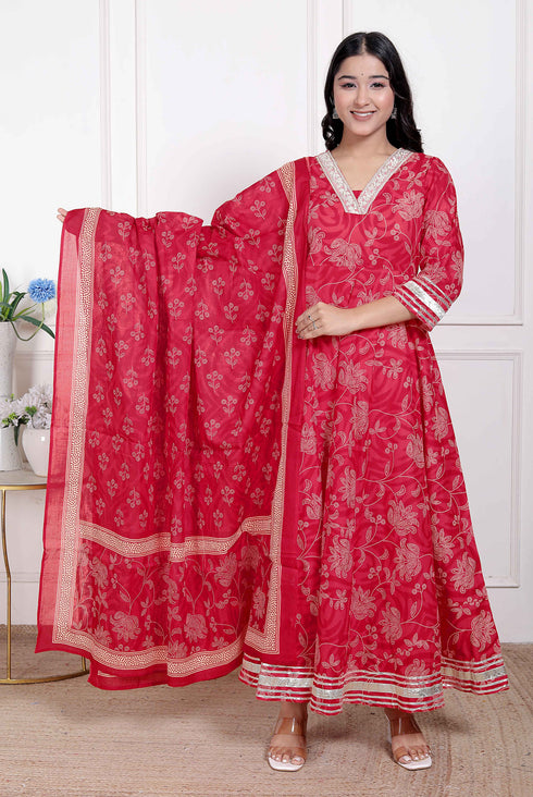 Miravan Womens red Embroidered Anarkali Kurta and Dupatta