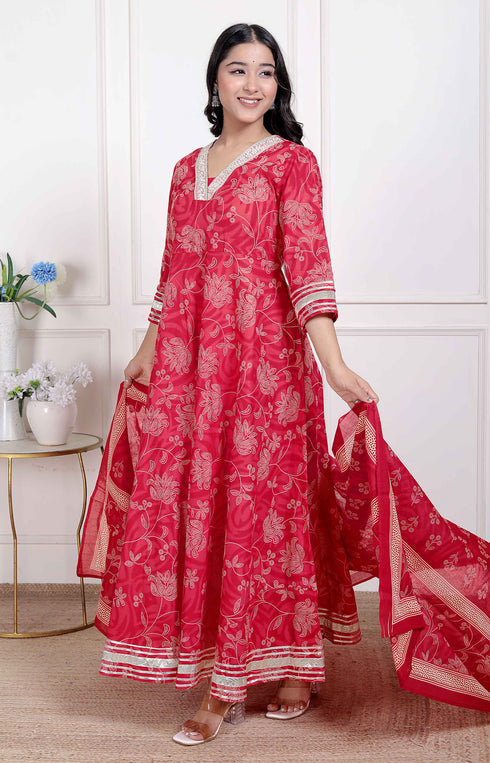 Miravan Womens red Embroidered Anarkali Kurta and Dupatta