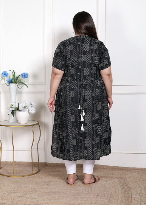 Miravan WOMENS Plus Size Pure Cotton Black Floral Printed Front Button A Line Kurta