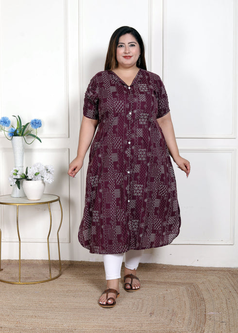Miravan WOMENS Plus Size Wine Mandarin Neck Floral Printed A Line Party wear Kurta