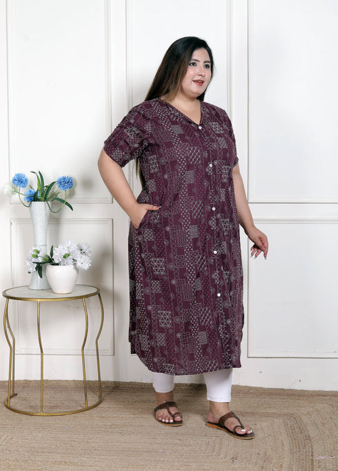 Miravan WOMENS Plus Size Wine Mandarin Neck Floral Printed A Line Party wear Kurta