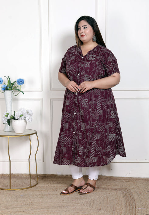 Miravan WOMENS Plus Size Wine Mandarin Neck Floral Printed A Line Party wear Kurta