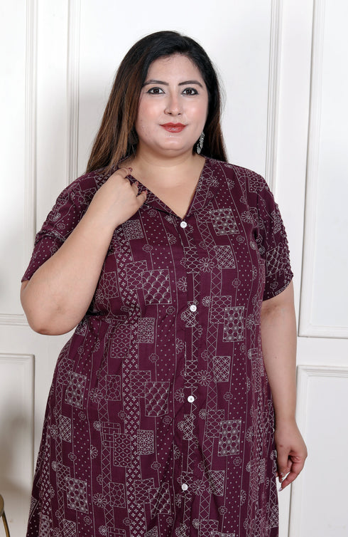 Miravan WOMENS Plus Size Wine Mandarin Neck Floral Printed A Line Party wear Kurta