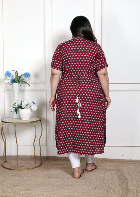 Miravan WOMENS Plus Size Relaxed Fit Red Floral Printed A Line Pure Cotton Kurta