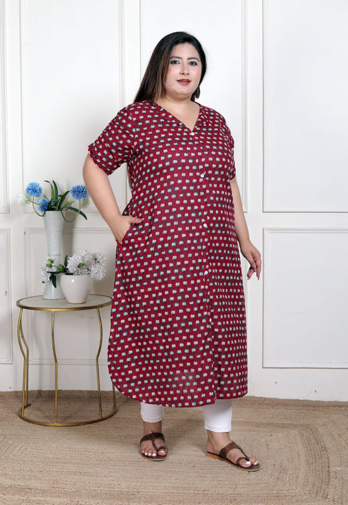 Miravan WOMENS Plus Size Relaxed Fit Red Floral Printed A Line Pure Cotton Kurta