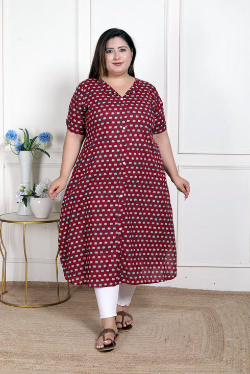 Miravan WOMENS Plus Size Relaxed Fit Red Floral Printed A Line Pure Cotton Kurta