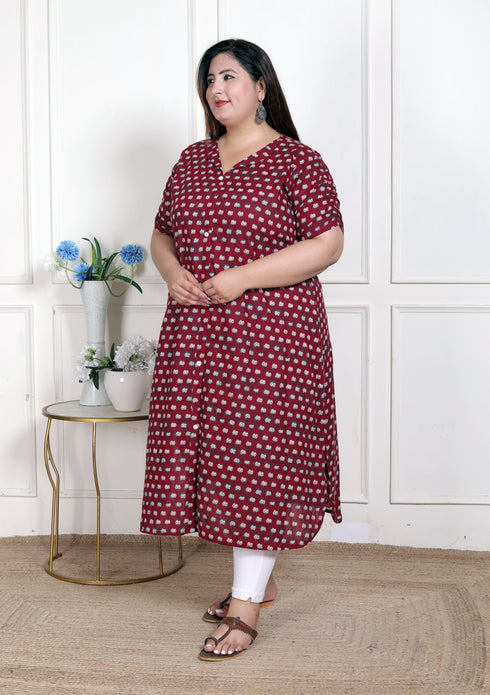 Miravan WOMENS Plus Size Relaxed Fit Red Floral Printed A Line Pure Cotton Kurta