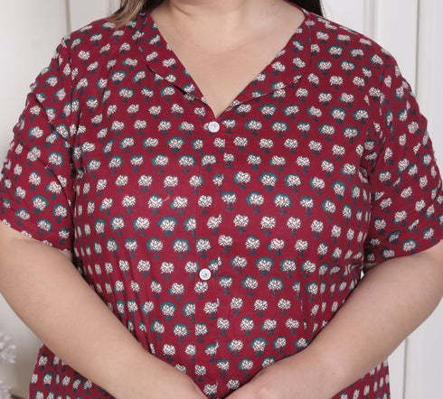 Miravan WOMENS Plus Size Relaxed Fit Red Floral Printed A Line Pure Cotton Kurta