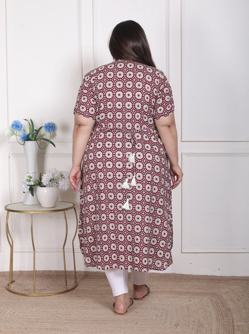 Miravan WOMENS Plus Size Cotton Floral Printed Cream A Line Kurta with Buttons