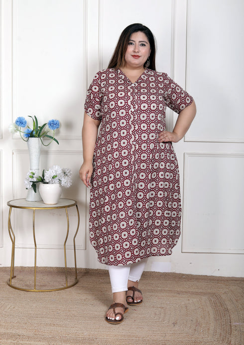 Miravan WOMENS Plus Size Cotton Floral Printed Cream A Line Kurta with Buttons
