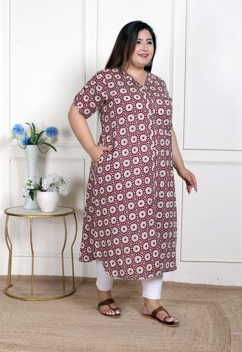 Miravan WOMENS Plus Size Cotton Floral Printed Cream A Line Kurta with Buttons