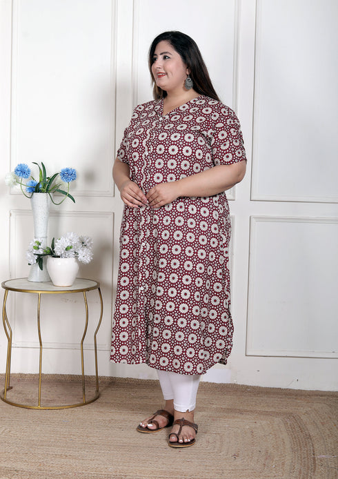 Miravan WOMENS Plus Size Cotton Floral Printed Cream A Line Kurta with Buttons