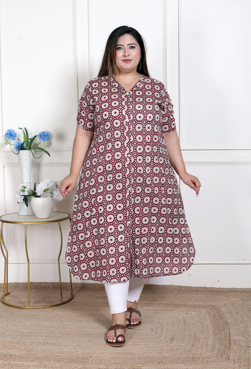 Miravan WOMENS Plus Size Cotton Floral Printed Cream A Line Kurta with Buttons