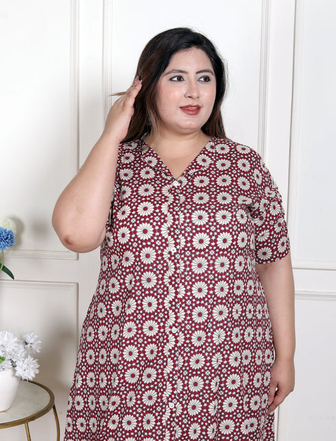 Miravan WOMENS Plus Size Cotton Floral Printed Cream A Line Kurta with Buttons