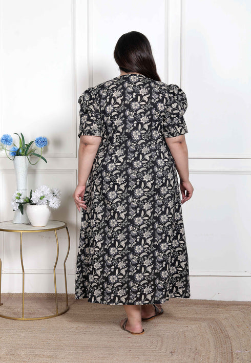Miravan WOMENS Plus Size Pleated Puff Sleeve Floral Pure Cotton Black And White Butterfly Maxi Dress