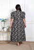 Miravan WOMENS Plus Size Pleated Puff Sleeve Floral Pure Cotton Black And White Butterfly Maxi Dress