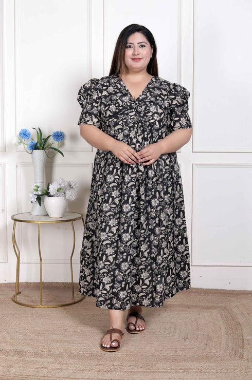 Miravan WOMENS Plus Size Pleated Puff Sleeve Floral Pure Cotton Black And White Butterfly Maxi Dress
