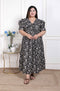 Miravan WOMENS Plus Size Pleated Puff Sleeve Floral Pure Cotton Black And White Butterfly Maxi Dress