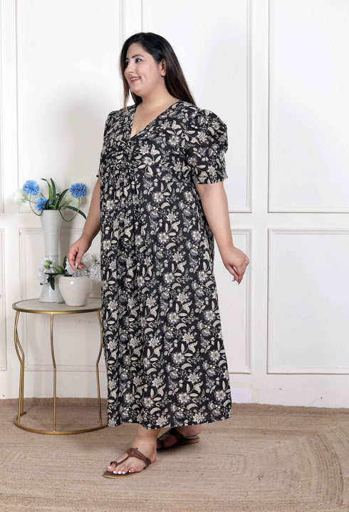 Miravan WOMENS Plus Size Pleated Puff Sleeve Floral Pure Cotton Black And White Butterfly Maxi Dress