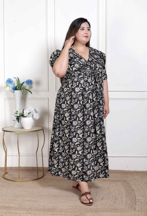 Miravan WOMENS Plus Size Pleated Puff Sleeve Floral Pure Cotton Black And White Butterfly Maxi Dress