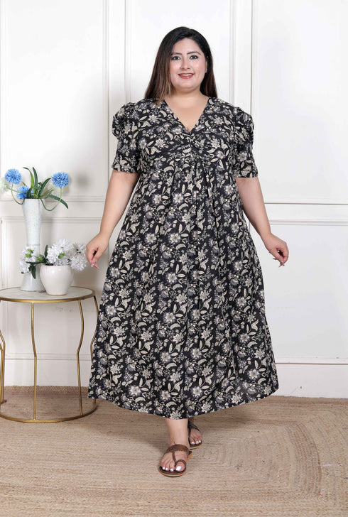 Miravan WOMENS Plus Size Pleated Puff Sleeve Floral Pure Cotton Black And White Butterfly Maxi Dress