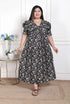 Miravan WOMENS Plus Size Pleated Puff Sleeve Floral Pure Cotton Black And White Butterfly Maxi Dress