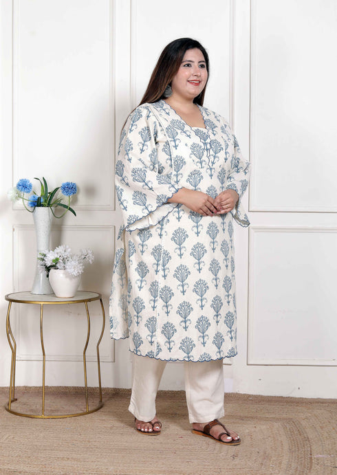 Miravan Womens Plus Size Off White Floral Printed Cotton Flex Kurta with Pant