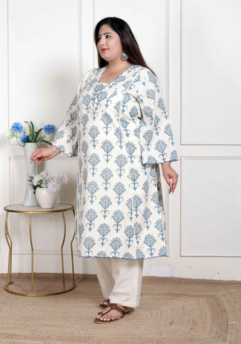 Miravan Womens Plus Size Off White Floral Printed Cotton Flex Kurta with Pant