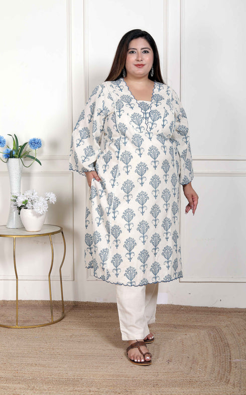 Miravan Womens Plus Size Off White Floral Printed Cotton Flex Kurta with Pant