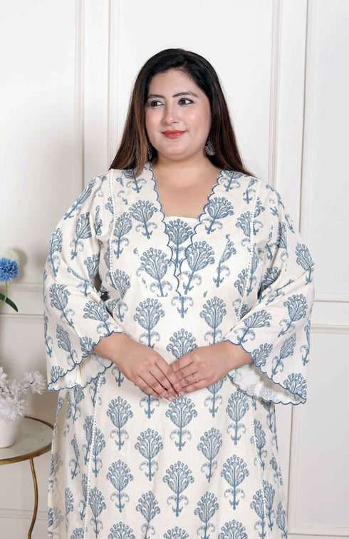 Miravan Womens Plus Size Off White Floral Printed Cotton Flex Kurta with Pant