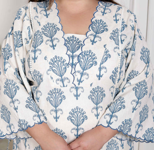 Miravan Womens Plus Size Off White Floral Printed Cotton Flex Kurta with Pant