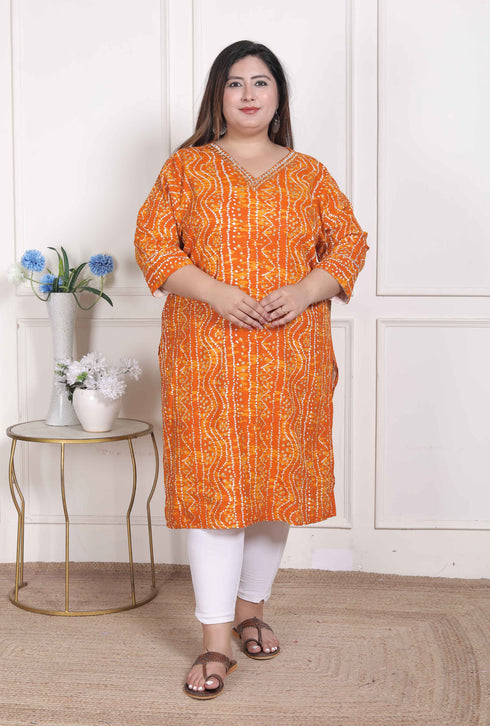 Miravan WOMENS Plus Size Yellow Bandhani Printed Straight Kurta