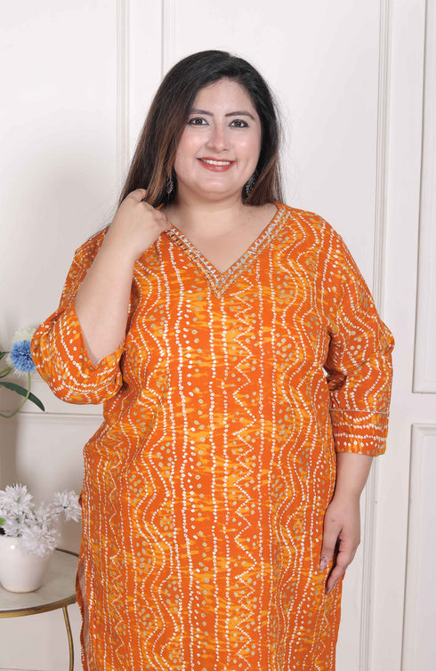 Miravan WOMENS Plus Size Yellow Bandhani Printed Straight Kurta
