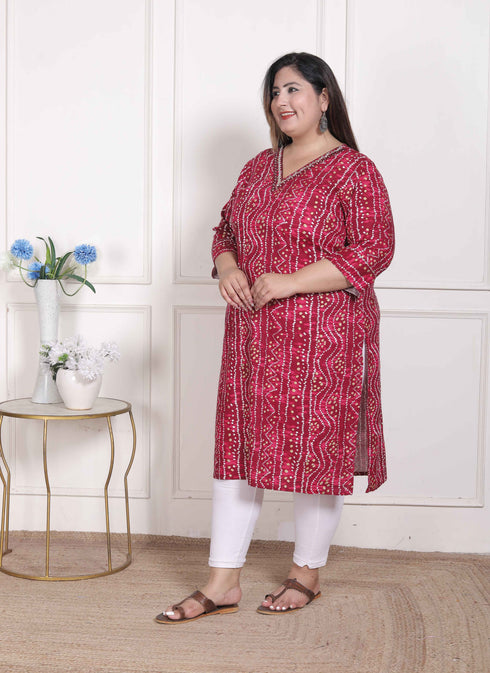 Miravan WOMENS Plus Size Bandhej Printed Rayon Kurta Magenta