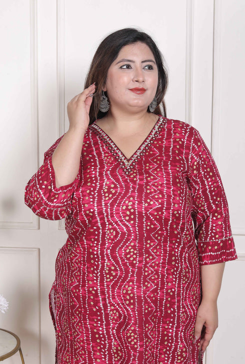 Miravan WOMENS Plus Size Bandhej Printed Rayon Kurta Magenta