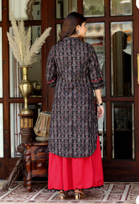 Miravan Womens Black Printed Pure Cotton Kurta With Skirt