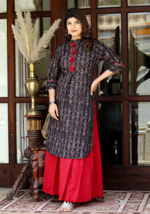 Miravan Womens Black Printed Pure Cotton Kurta With Skirt