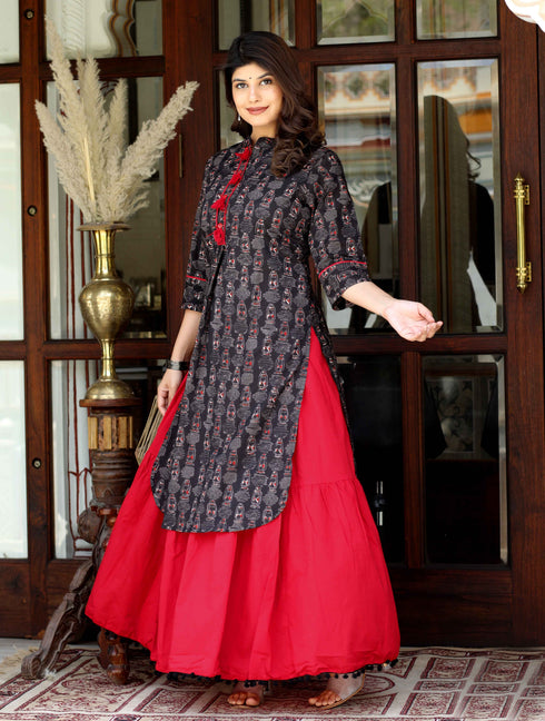 Miravan Womens Black Printed Pure Cotton Kurta With Skirt