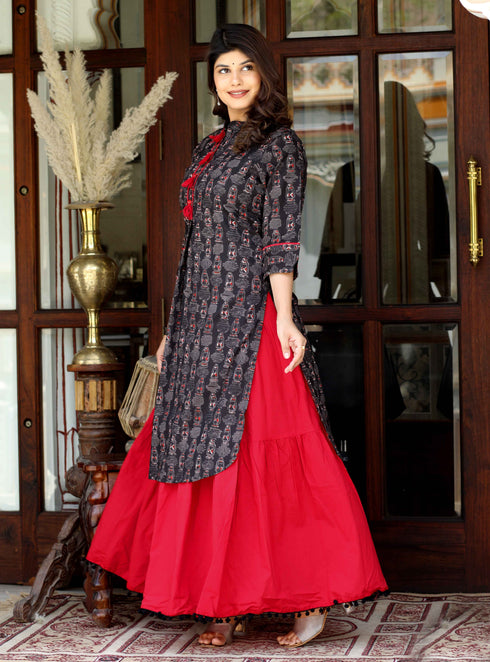Miravan Womens Black Printed Pure Cotton Kurta With Skirt