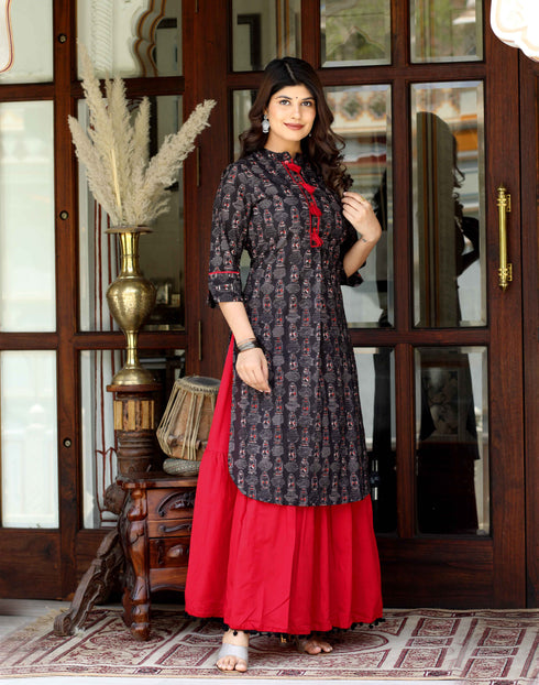 Miravan Womens Black Printed Pure Cotton Kurta With Skirt
