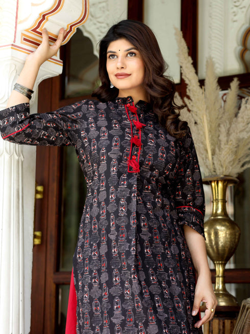 Miravan Womens Black Printed Pure Cotton Kurta With Skirt