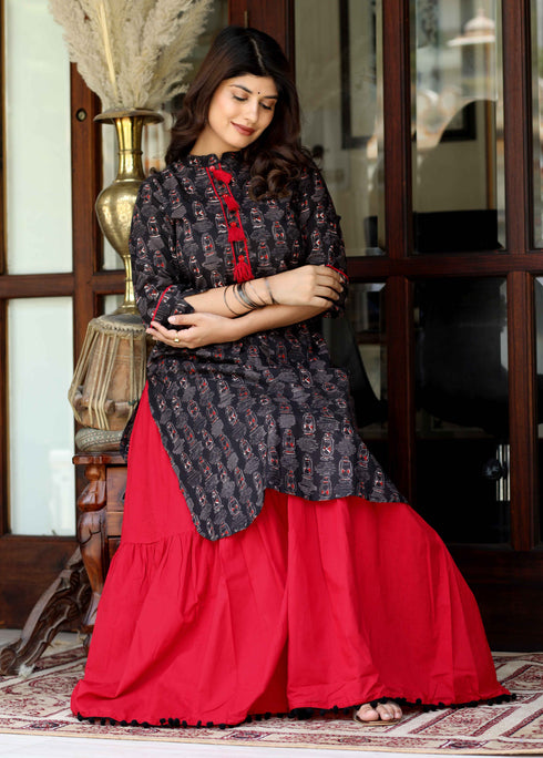 Miravan Womens Black Printed Pure Cotton Kurta With Skirt