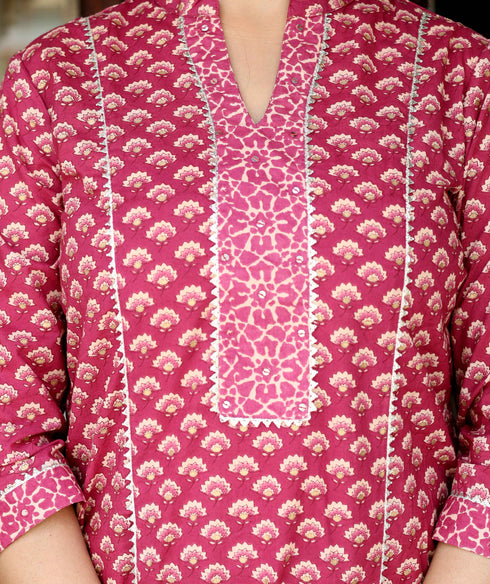 Miravan Womens Pink Floral Printed Cotton Kurta With Palazzo