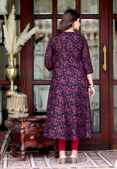 Miravan Womens Maroon Pure Cotton Floral Print Anarkali Kurta