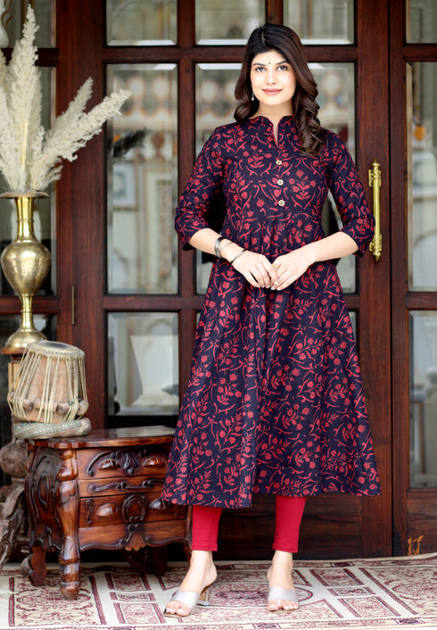 Miravan Womens Maroon Pure Cotton Floral Print Anarkali Kurta