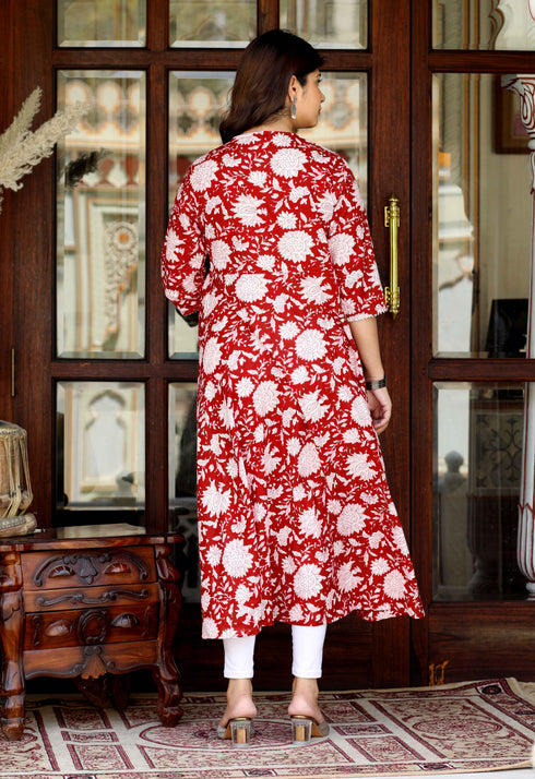 Miravan Womens Red Cotton Floral Printed Anarkali Kurta